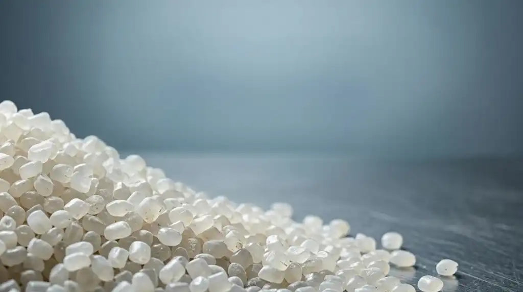 Close-up of high-quality translucent PHA biodegradable resin pellets for industrial plastic manufacturing.